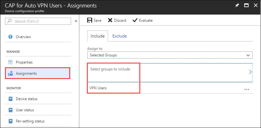 CAP para usuarios de VPN automática: Asignaciones