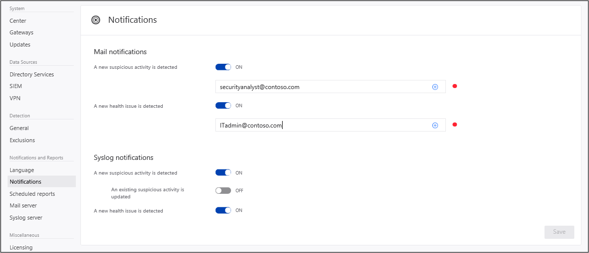 Imagen de configuración de notificación de correo de ATA.