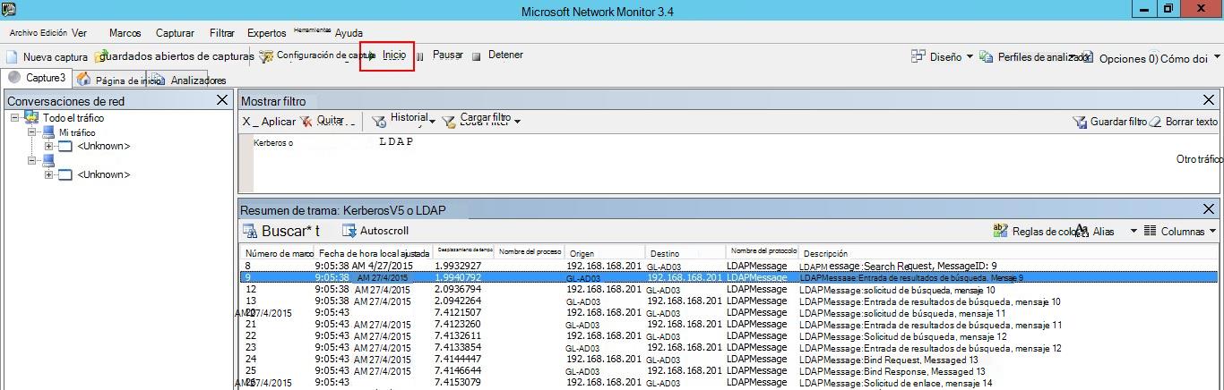 Captura de pantalla del cuadro de diálogo Microsoft Network Monitor con el botón Iniciar que se muestra.