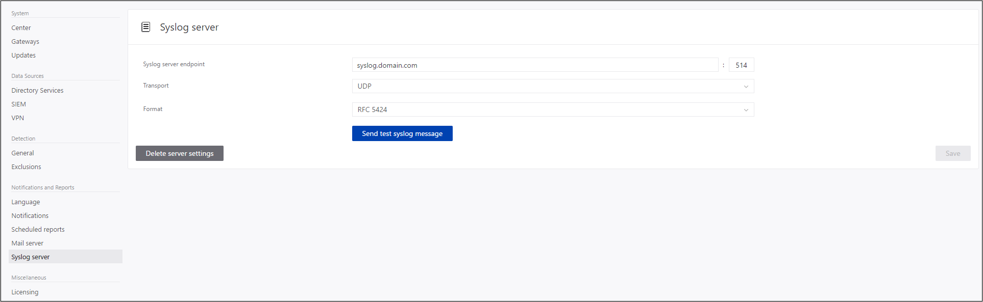 Imagen de configuración del servidor syslog de ATA.