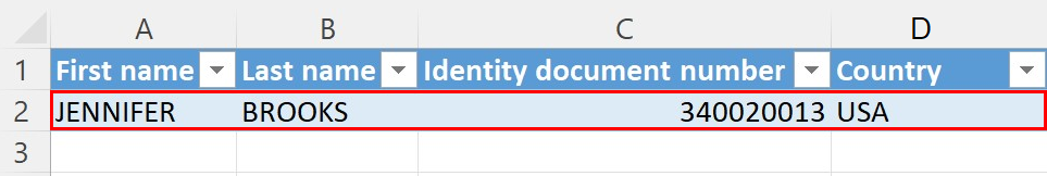 Captura de pantalla de una tabla de Excel con datos extraídos de un documento de identidad.