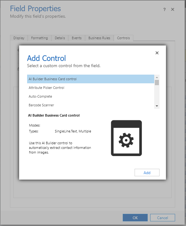 Pantalla Agregar control del Editor de formularios.