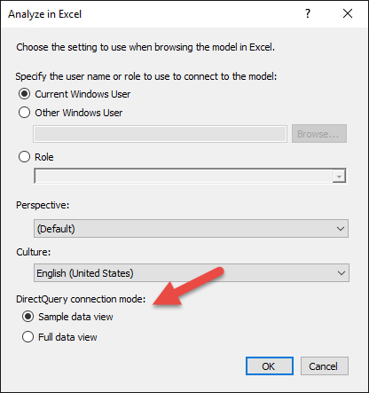 Opciones de DirectQuery de Analizar en Excel