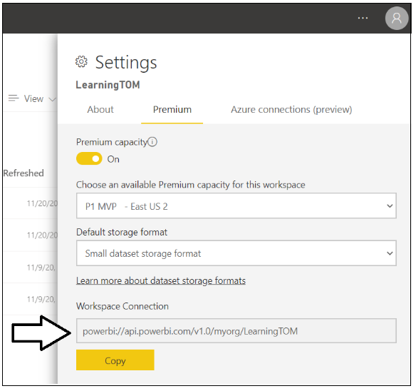 Área de trabajo cadena de conexión en configuración del modelo semántico.