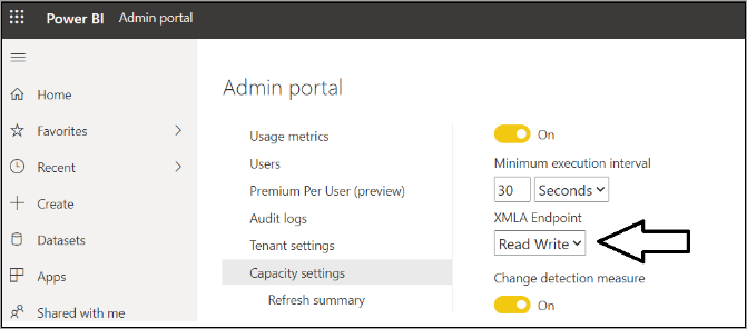 Configuración de lectura y escritura de XMLA en el portal de Administración.