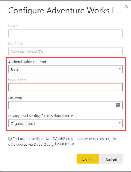 Captura de pantalla del cuadro de diálogo Configurar el inicio de sesión de Edición de Adventure Works con el método de autenticación, el nombre de usuario, la contraseña y la configuración de nivel de privacidad de este origen de datos resaltados.