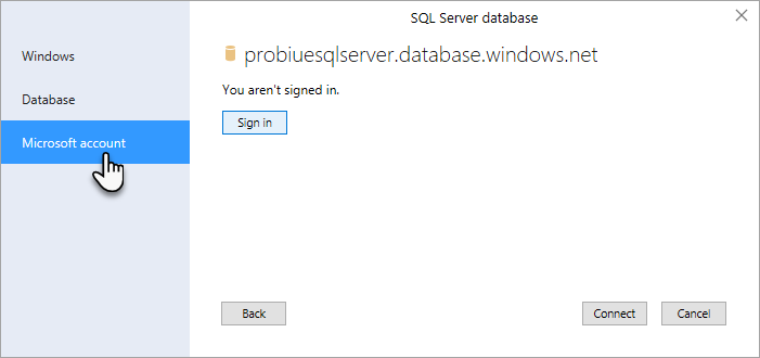 Captura de pantalla del cuadro de diálogo SQL Server base de datos con la opción Cuenta Microsoft resaltada y seleccionada.