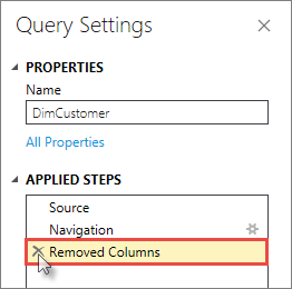 Captura de pantalla del cuadro de diálogo Configuración de consulta con la opción Columnas eliminadas resaltada y resaltada.