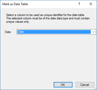 Captura de pantalla del cuadro de diálogo MArk as Date Table (Tabla de fechas) con la opción Fecha resaltada.