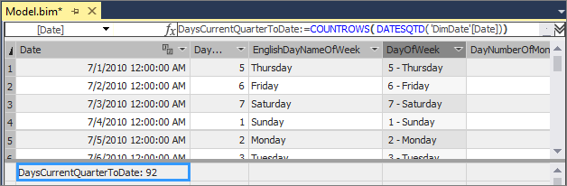 Captura de pantalla del diseñador de modelos con Days Current Quarter To Date: 92 resaltado.