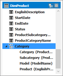 Captura de pantalla de DimProduct > Category en la que se muestran las columnas denominadas Model y Product.