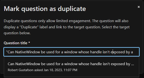 Captura de pantalla del modal de pregunta duplicada con el título de la pregunta entre comillas dobles.