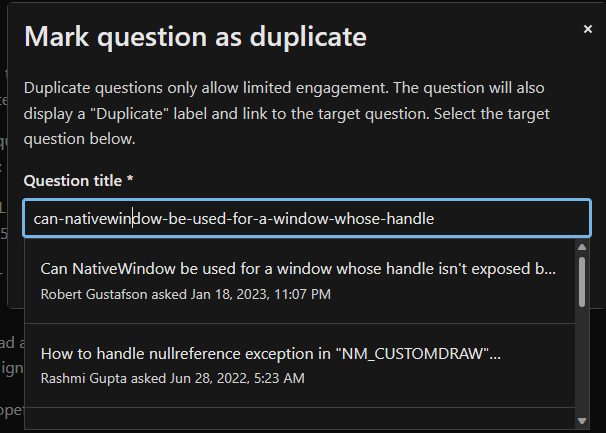 Captura de pantalla del modal de pregunta duplicada mediante el título de la pregunta de la dirección URL.