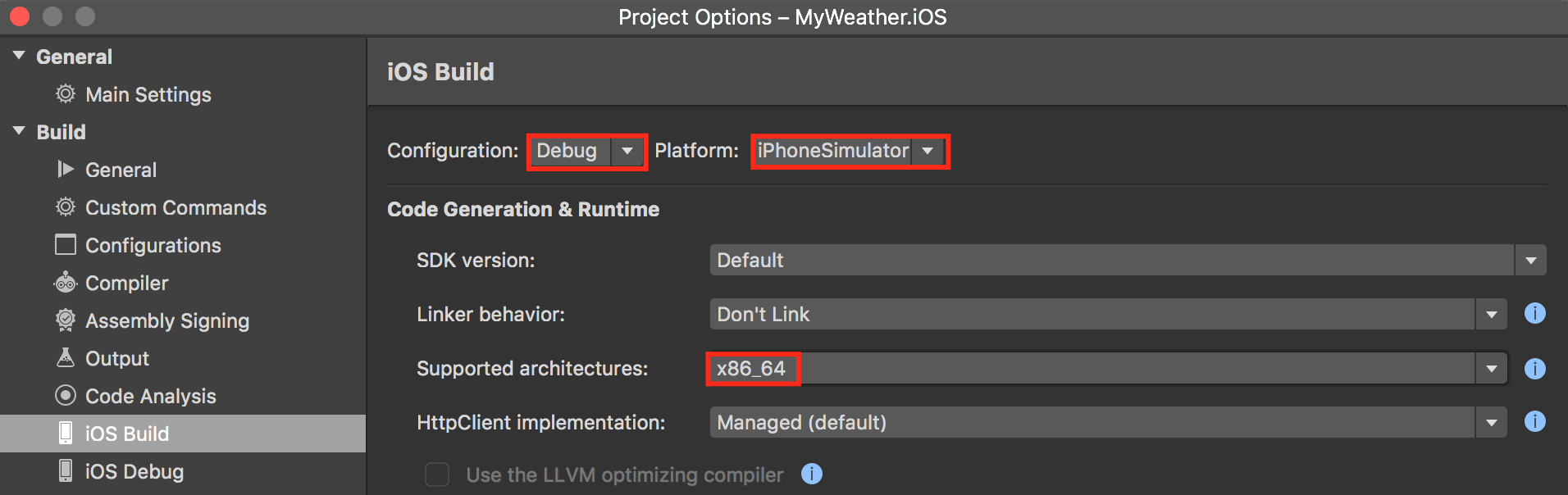 Establecer x86_64 en Arquitecturas admitidas para la configuración de iPhoneSimulator en la aplicación Xamarin.iOS