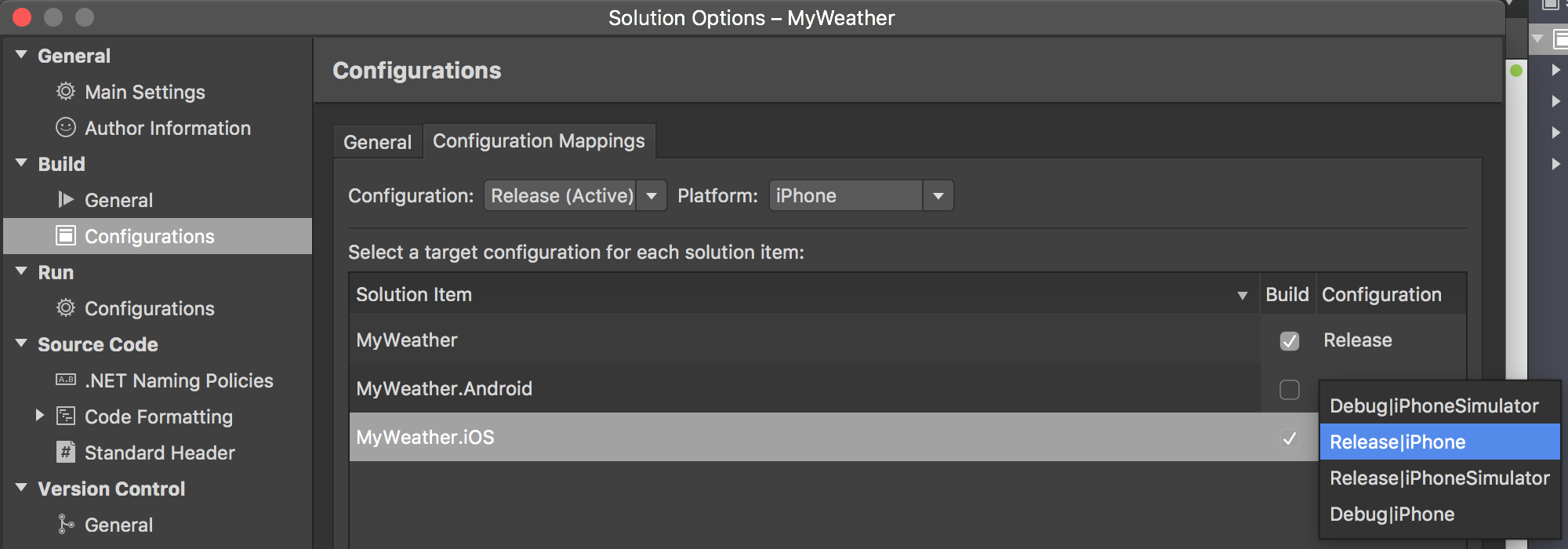 Asignaciones de configuraciones de soluciones de Visual Studio para Mac