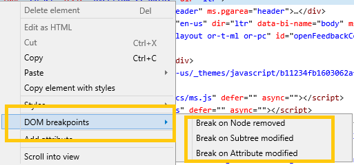 DOM Breakpoints context menu
