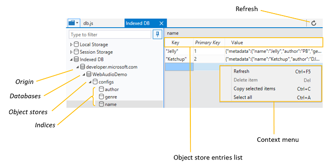 DevTools IndexedDB manager