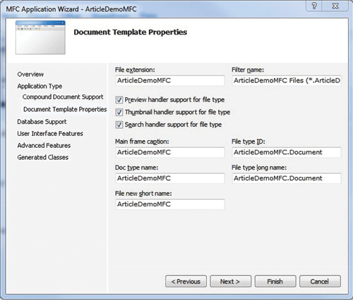 Figura 6 MFC Application Wizard con opciones de controlador de archivos