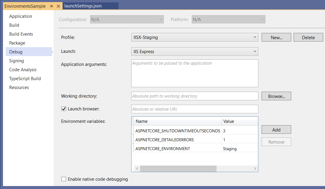 Variables de entorno de configuración de las propiedades del proyecto