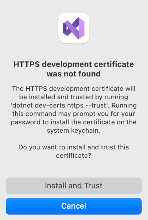 No se encontró el certificado de desarrollo HTTPS. ¿Desea instalar el certificado y confiar en él?