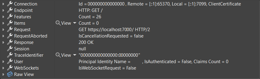 Visualización útil del depurador del tipo HttpContext en .NET 8.