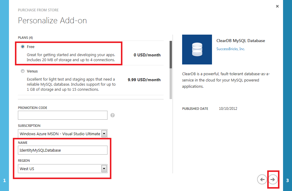 Screenshot of the Personalize Add-on dialog showing the Free plan option and the Name and region fields selected and highlighted with a red rectangle.