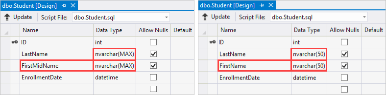 Dos capturas de pantalla que muestran las diferencias en el nombre y el tipo de datos de las dos tablas Student.