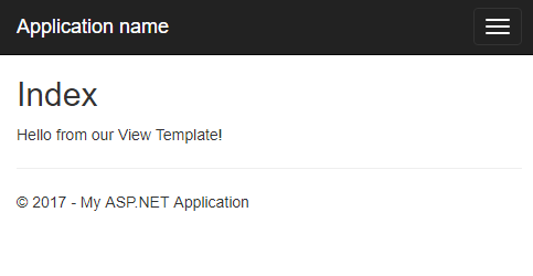 Screenshot that shows the Index page and the text Hello from our View Template.