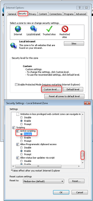 Captura de pantalla que muestra la ventana Opciones de Internet abierta y en la pestaña seguridad. La ventana Nivel personalizado está abierta y el scripting activo está deshabilitado.