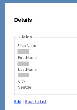 Screenshot shows the Details Fields with UserName, FirstName, LastName, and City for a user.