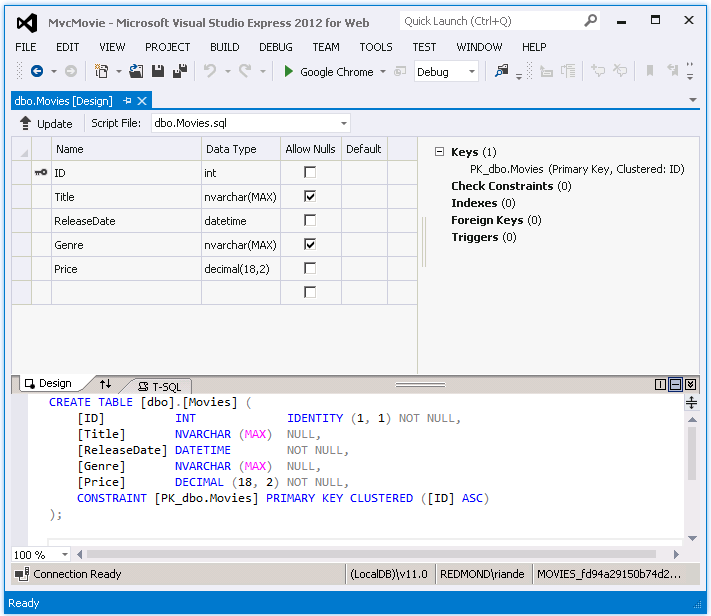 Captura de pantalla que muestra la pestaña d b o dot Movies y el código de Entity Framework debajo.