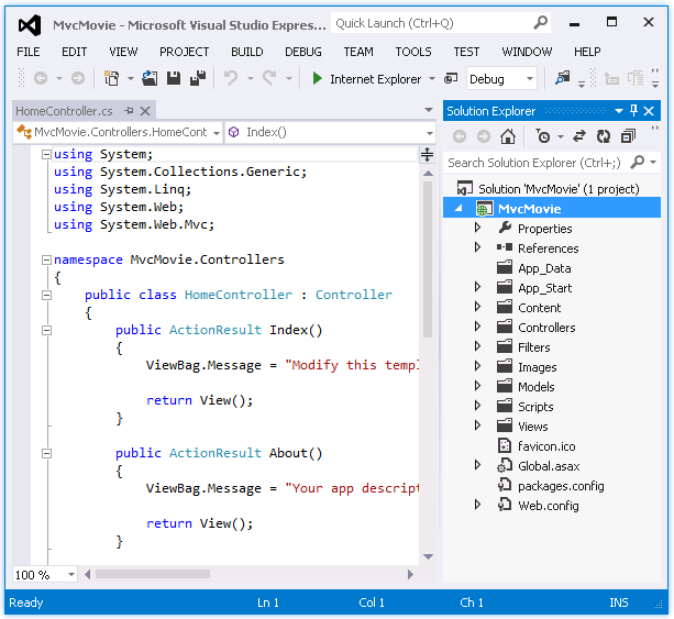 Captura de pantalla que muestra las pestañas A S P dot NET M V C Project Home Controller c s y Explorador de soluciones abiertas.