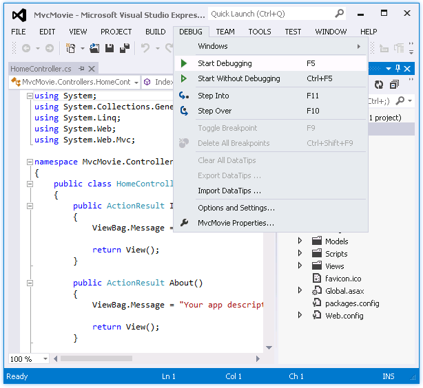 Captura de pantalla que muestra el menú desplegable A S P dot NET M V C project DEBUG .NET M V. La opción Iniciar depuración está seleccionada.