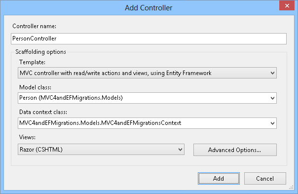 Adición del controlador Person con scaffolding