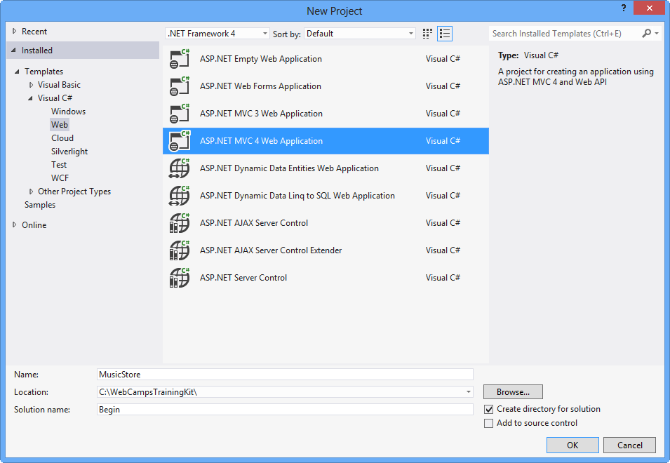 Creación de un proyecto ASP.NET MVC 4