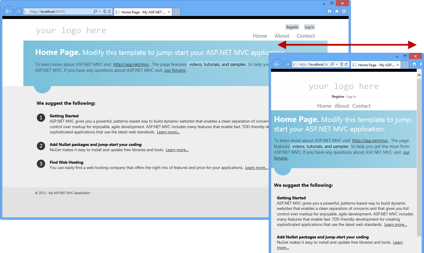 Plantilla de proyecto de ASP.NET MVC 4 en diferentes tamaños de explorador