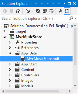 Base de datos MvcMusicStore en el Explorador de soluciones