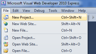 Screenshot of the Visual Web Developer file menu that shows the selection and short cut keyboard commands for creating a new project.