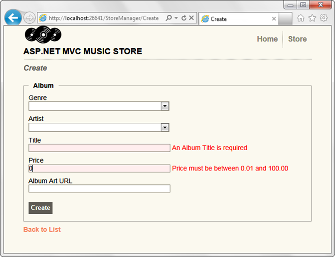 Screenshot of the Create form showing the Title and Price fields in red due to errors in input and accompanying red error.