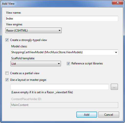 Screenshot of the Add View window showing the View name field, the View engine, Model Class, and Scaffold dropdowns, and the Use a layout file picker.