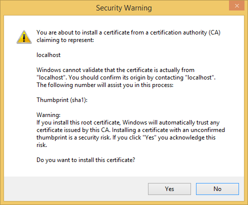 Screenshot that shows the Visual Studio Security Warning dialog box prompting the user to choose whether or not to install the certifcate.