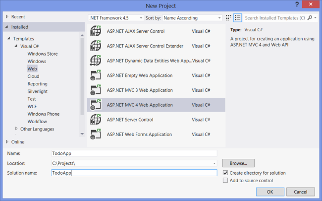 Screenshot that shows the New Project dialog box. A S P dot NET M V C 4 Web Application is selected from the list of Web Templates.