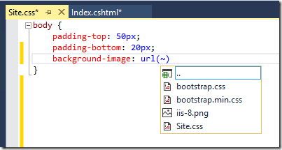 Captura de pantalla del nuevo selector de editores de CSS sin cuadros de diálogos y de escritura fluida que filtra adecuadamente las listas de archivos para etiquetas y vínculos de imagen