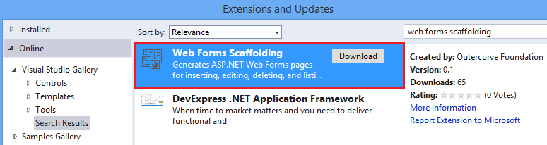 instalación de scaffolding de formularios web forms