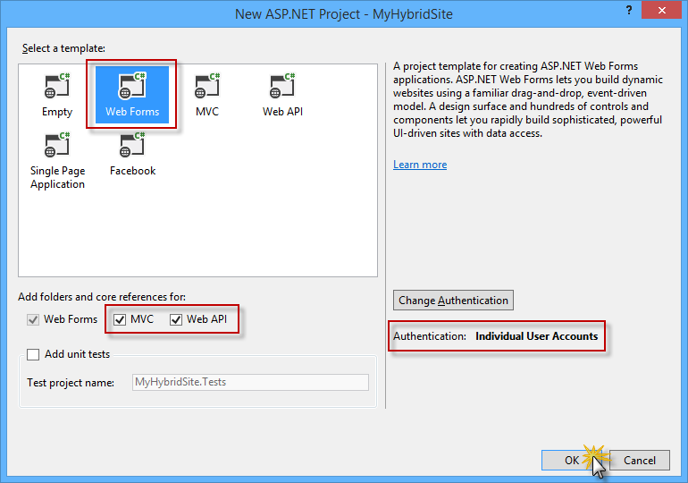 Creating a new project with the Web Forms template, including Web API and MVC components