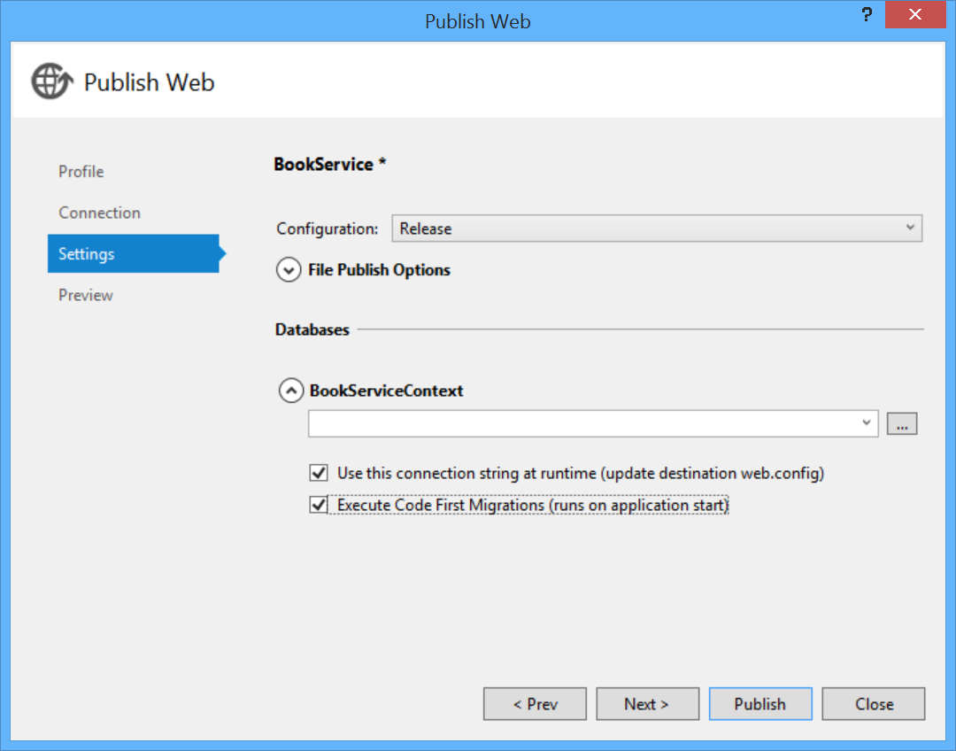 Screenshot of the Publish Web dialog with the Settings tab and the Publish button highlighted in blue.