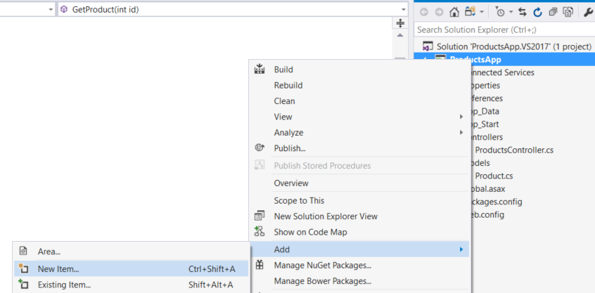 Screenshot of teh solution explorer menu, highlighting the products app option to show its menu selections to add a new item.
