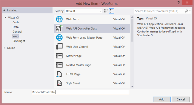 Screenshot showing of how to add a new web item as a web A P I controller class, labeling it Product Controller in the name field.