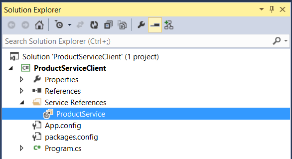 Screenshot of the solution explorer dialog box, showing the menu under the 'product service client' and highlighting the option for 'Product Service'.