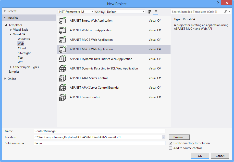 Creación de un nuevo proyecto de aplicación web ASP.NET MVC 4.0